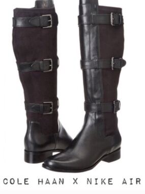 Women's COLE HAAN Whitley Black Leather Stretch Buckle & Straps Riding Boots 9.5